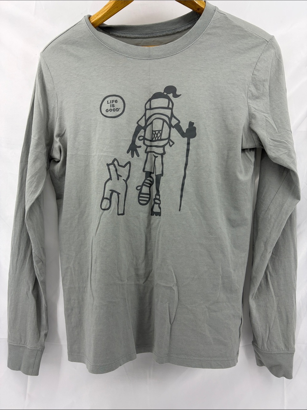 Life Is Good Womens Light Sage Long-Sleeve Tee Hiker Dog Graphic Soft Cotton, M